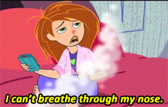 Animated image: Kim Possible (Disney cartoon character from show of same name) holding a phone in her right hand and sitting on her bed; a humidifier is blowing steam as she says to Ron, "I can't breathe through my nose."