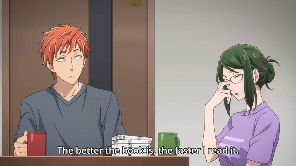 Screenshot of Wotakoi anime scene that says "The better the book is, the faster I read it."