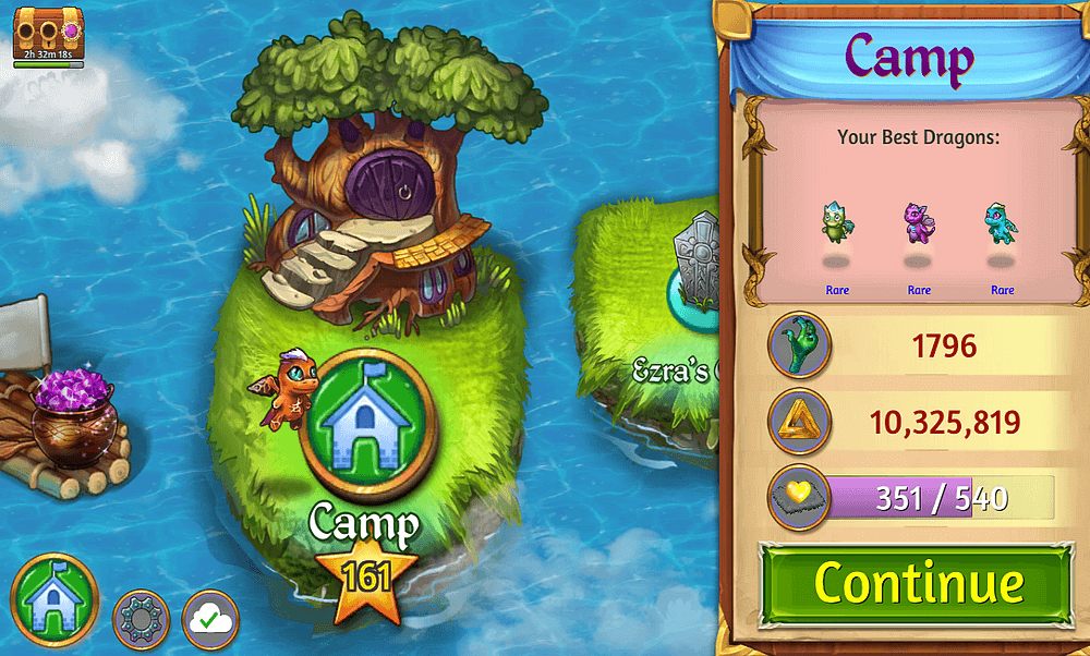 MergeDragons! screenshot of level screen, focused on the location of "Camp"
