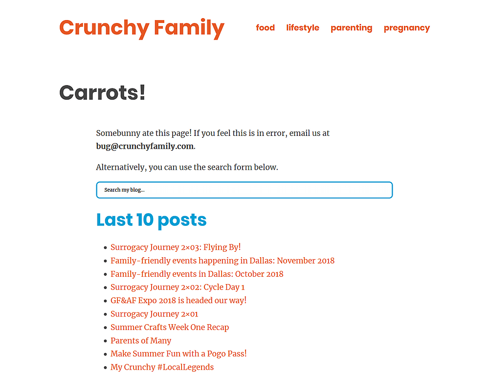 Screenshot of error page, featuring a search bar and list of last 10 posts; header says "Carrots!"