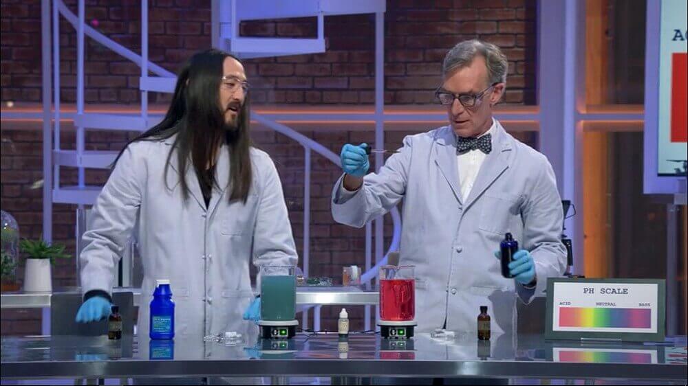 Bill Nye and Steve Aoki in a lab