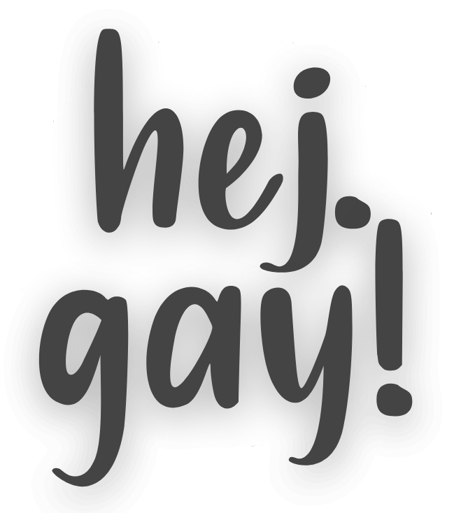 dark grey "hej.gay!" with a soft glow atop a smaller white circle