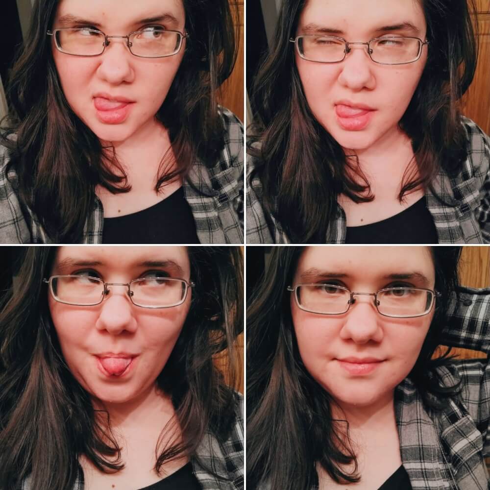 Collage of four photos, top two are silly faces; lower two is a silly face and soft smiling face